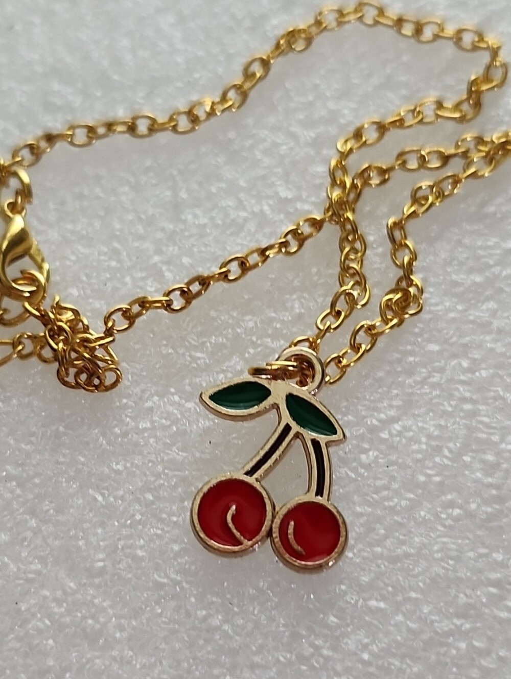 Hand Crafted Gold Cherry Charm Bracelet / Anklet with Red and Green Enamel